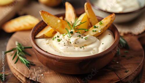 Bowl of mayonnaise with dipped potato wedge on wooden board, closeup