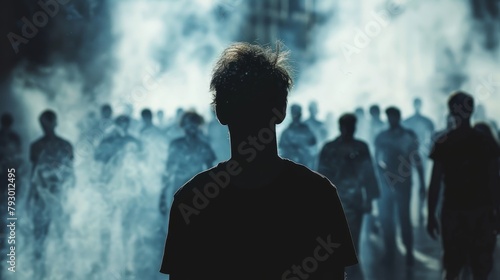 A dark figure stands alone in a crowd of faceless people. photo