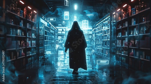 A dark figure in a cloak walks down a long library aisle. The shelves are lined with books and the air is filled with the smell of dust and paper.