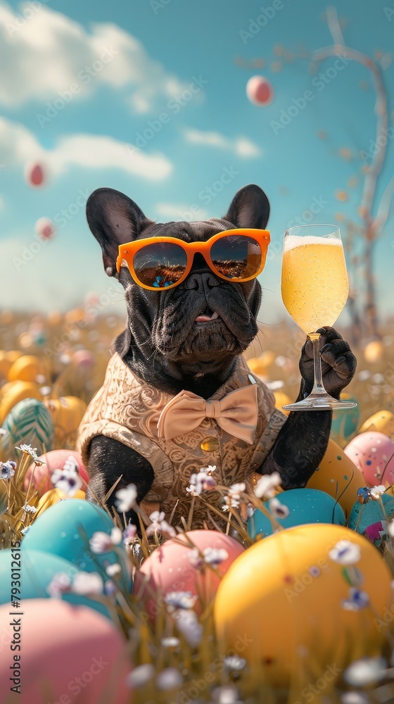 A dog is wearing sunglasses and holding a glass of champagne A dog is wearing sunglasses and holding a glass of champagne