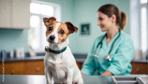 Jack Russell terrier dog sitting on a table in a veterinary clinic
