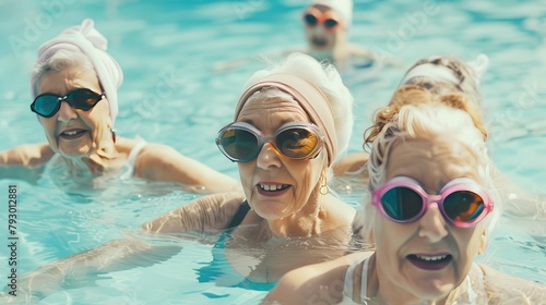 Female seniors doing water exercises using swimming goggles. Group of elderly women in aqua gym session, group of happy elderly friends holding aqua class in swimming pool.