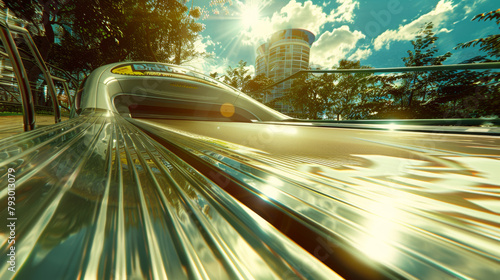 A futuristic train is speeding down a track. The train is surrounded by a bright, sunny day, and the sky is filled with clouds. The train is the main focus of the image, and it is moving quickly photo