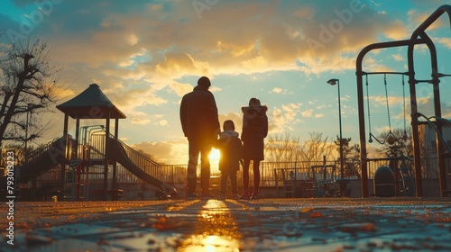 A family of three is walking towards the sunset in a park. photo