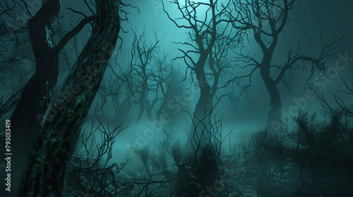 Sinister 3D animated scene of a haunted forest at night, with twisted trees and eerie fog, creating a chilling atmosphere. © arhendrix