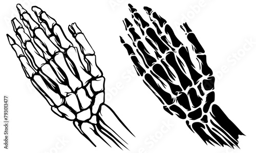 Skeleton praying hand sign black and white illustration vector 