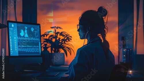 A female doctor wearing a lab coat and headphones is looking at a computer screen showing medical data.