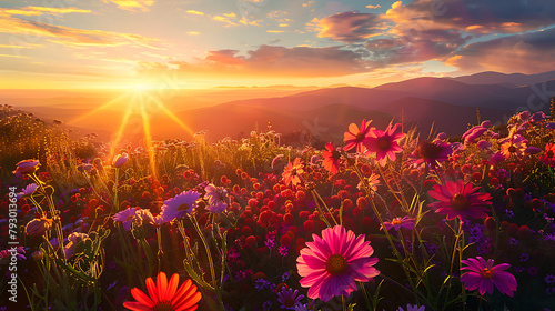 flowers herald the sun s descent  creating a tapestry of color against the serene backdrop of distant mountains and a sky painted with the soft hues of twilight.