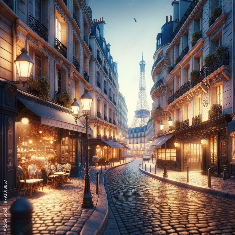 Capture a captivating glimpse of Paris, showcasing cobblestone streets winding past elegant boutiques and charming cafés 