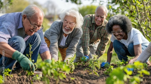 A group of seniors gardening and sharing gardening tips for Earth Day.