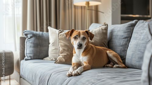 Stylish interior with a chic dog lounging on a designer sofa, the room tastefully decorated to enhance the sense of luxury and canine comfort.