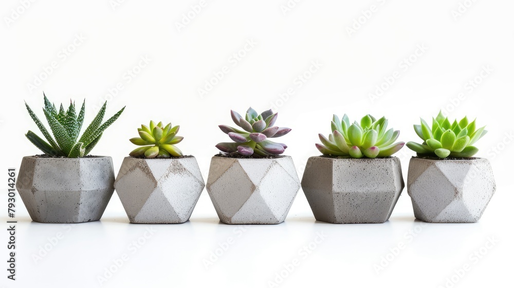 Modern succulent garden in geometric concrete planters isolated for easy home styling Modern succulent garden in geometric concrete planters isolated for easy home styling