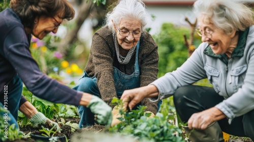 A group of seniors gardening and sharing gardening tips for Earth Day.