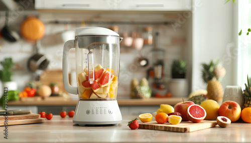 Modern blender with fresh fruits and cutting board on table in kitchen