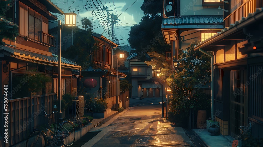 Japanese Street: Evening Scene, Anime Artstyle, Cozy Lofi Architecture, Traditional Town