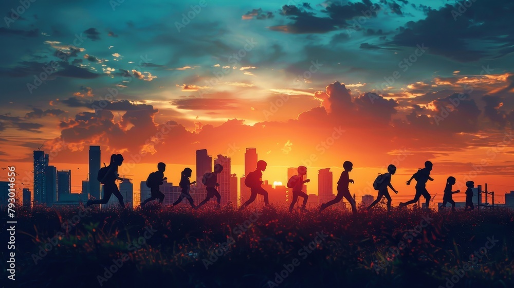 A group of children running towards the sunset in a field with a city in the background A group of children running towards the sunset in a field with a city in the background