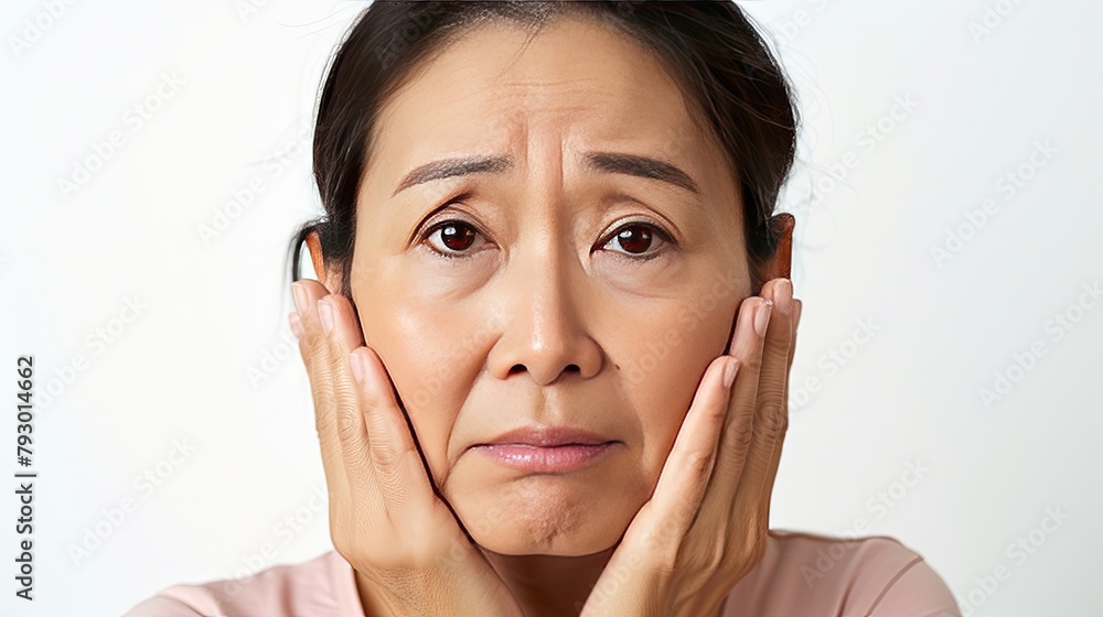 Middle aged adult Asian woman with sad face, 50 year old senior woman looking at camera touching her face with both hands on left right cheek, isolated on white background close up face portrait Middle aged adult Asian woman with sad face, 50 year old senior woman looking at camera touching her face with both hands on left right cheek, isolated on white background close up face portrait