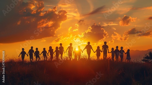 A group of children holding hands and walking into the sunset.