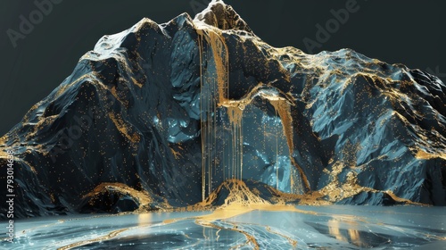 Black mountain, glow blue rock, golden waterfall, gilt, liquid gold, minimalist color field, freehand, white, perspective, single line.