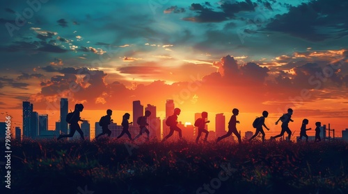 A group of children running towards the sunset in a field with a city in the background