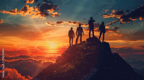 A group of four people standing on a mountaintop watching the sunset. photo