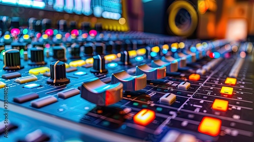 Detailed view of channel faders on an audio mixer in a high-end sound studio for music production. Complex background of audio equipment, audio mixing console in a streaming, live or recording session photo