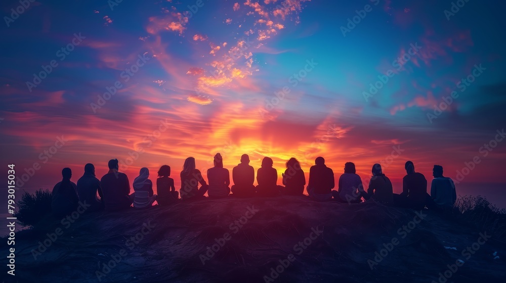 A group of friends sitting on a hilltop watching the sunset.