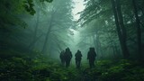 A group of hikers walk through a misty forest.
