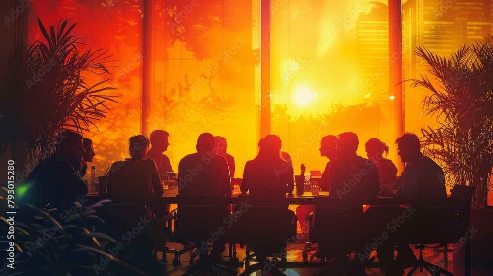 A group of people are sitting around a table in a conference room. The sun is setting outside the window, casting a warm glow over the room. A group of people are sitting around a table in a conference room. The sun is setting outside the window, casting a warm glow over the room.