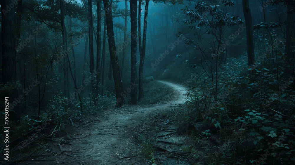 Fototapeta premium A winding path disappearing into the depths of the forest, tempting explorers to uncover its secrets under the cover of night