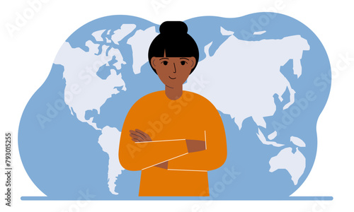 A woman stands in front of a world map with his arms crossed. Vector flat illustration