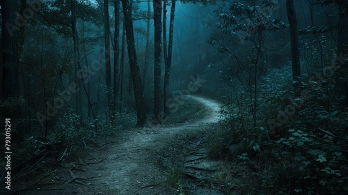 A winding path disappearing into the depths of the forest  tempting explorers to uncover its secrets under the cover of night