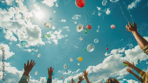 People releasing biodegradable balloons with Earth Day messages into the sky. 