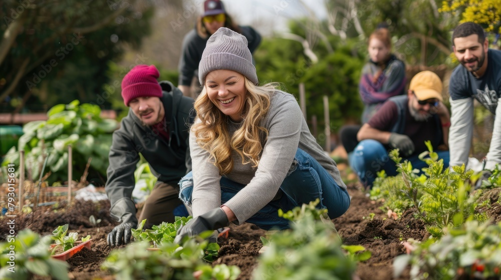 Fototapeta premium A team of volunteers working on a community garden project for Earth Day. 