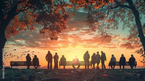 A group of people are sitting on benches in a park  watching the sunset.