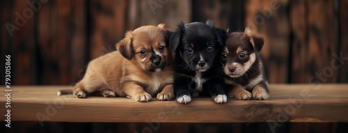 Filhotes de cachorros em cima de uma tábua de madeira photo