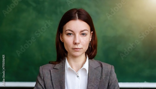 Annoyed business woman, copy space of a businesswoman in suit with expression of disappointment and disgust, envious and vindictive boss at work on a green background photo