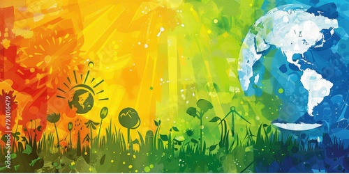 A colorful background with Earth Day slogans and environmental graphics. photo