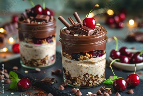 Overnight oats with layers of chocolate, cherries, and nuts, served in glass jars
