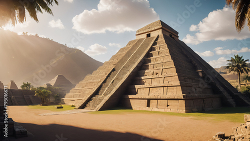 heritage of aztec pyramid stone againts sunny sky photo