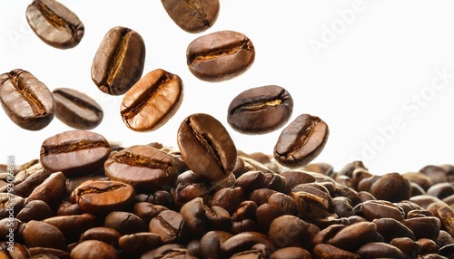 Coffee beans scattered in the air isolated on a white background