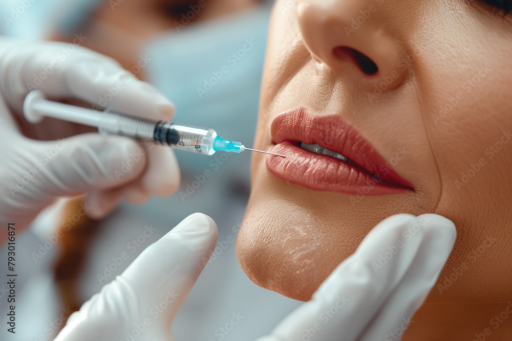 A woman having a cosmetic procedure on her lips. A woman having a cosmetic procedure on her lips.