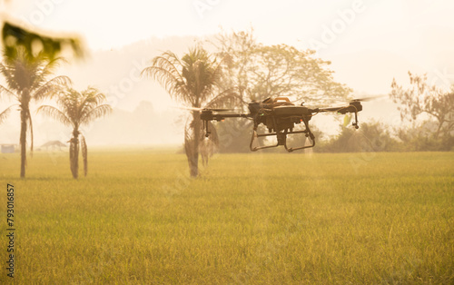 An agricultural drone while use to soil and field analysis.