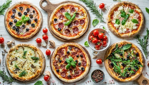 Collection of pizza, isolated on white background.