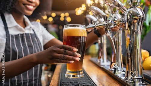 Mão de um Barman profissional servindo cerveja artesanal escura e gelada. photo