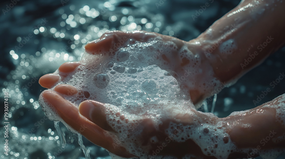 Fototapeta premium Close-up of hands with soapy water and bubbles
