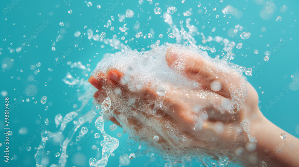 Fototapeta premium Close-up of hands with soapy water and bubbles
