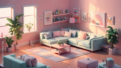 cube cutout of an isometric living room, isometric 3d render, pastel colors, soft lighting, high detail behance, ray tracing