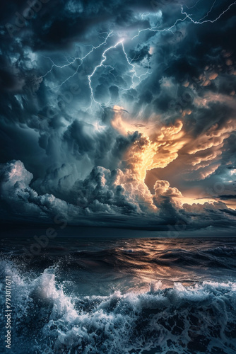 Stormy sky  with dark clouds swirling and lightning crackling across the horizon  conveying emotions of fear  awe  and raw power.