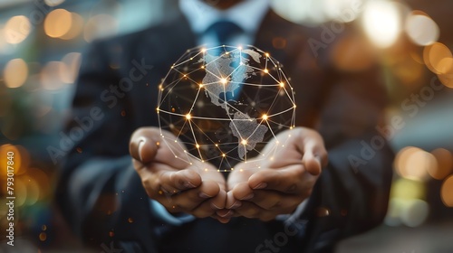 Closeup of businessman delicately holding a globe with intricate connections, set against a blurred business background photo